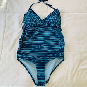 Motherhood Maternity Blue/Green One Piece Stripe Swimsuit Size Medium